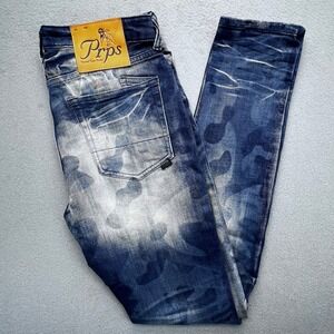 PRPS Men Stretch Acid Wash Camo Fade Whiskered Slim Fit Jeans 31 Honeycomb